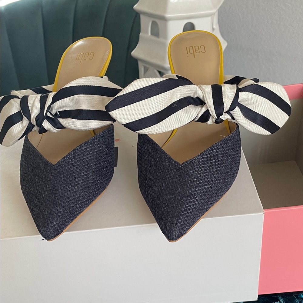 CAbi Navy Pointed Mules with Black-and-White Stripe Bow